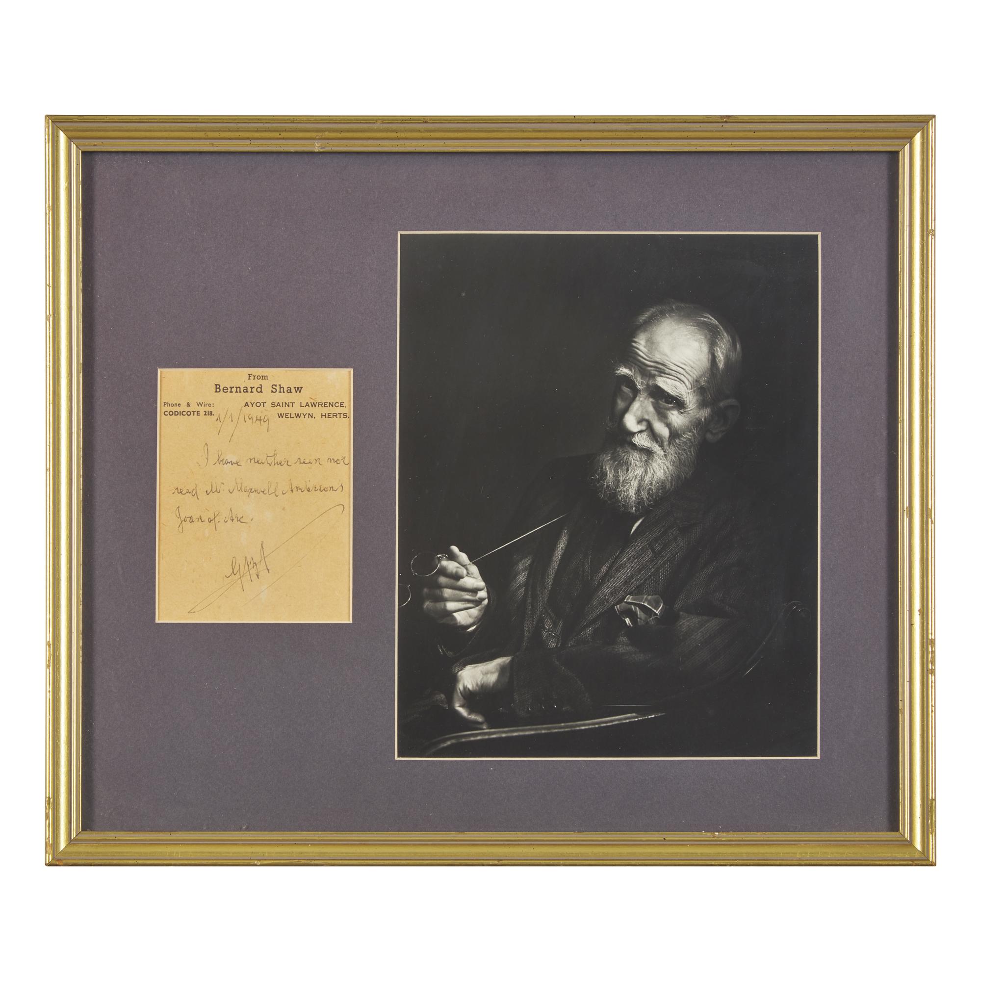 [Literature] Shaw, George Bernard. Autograph Note, initialed