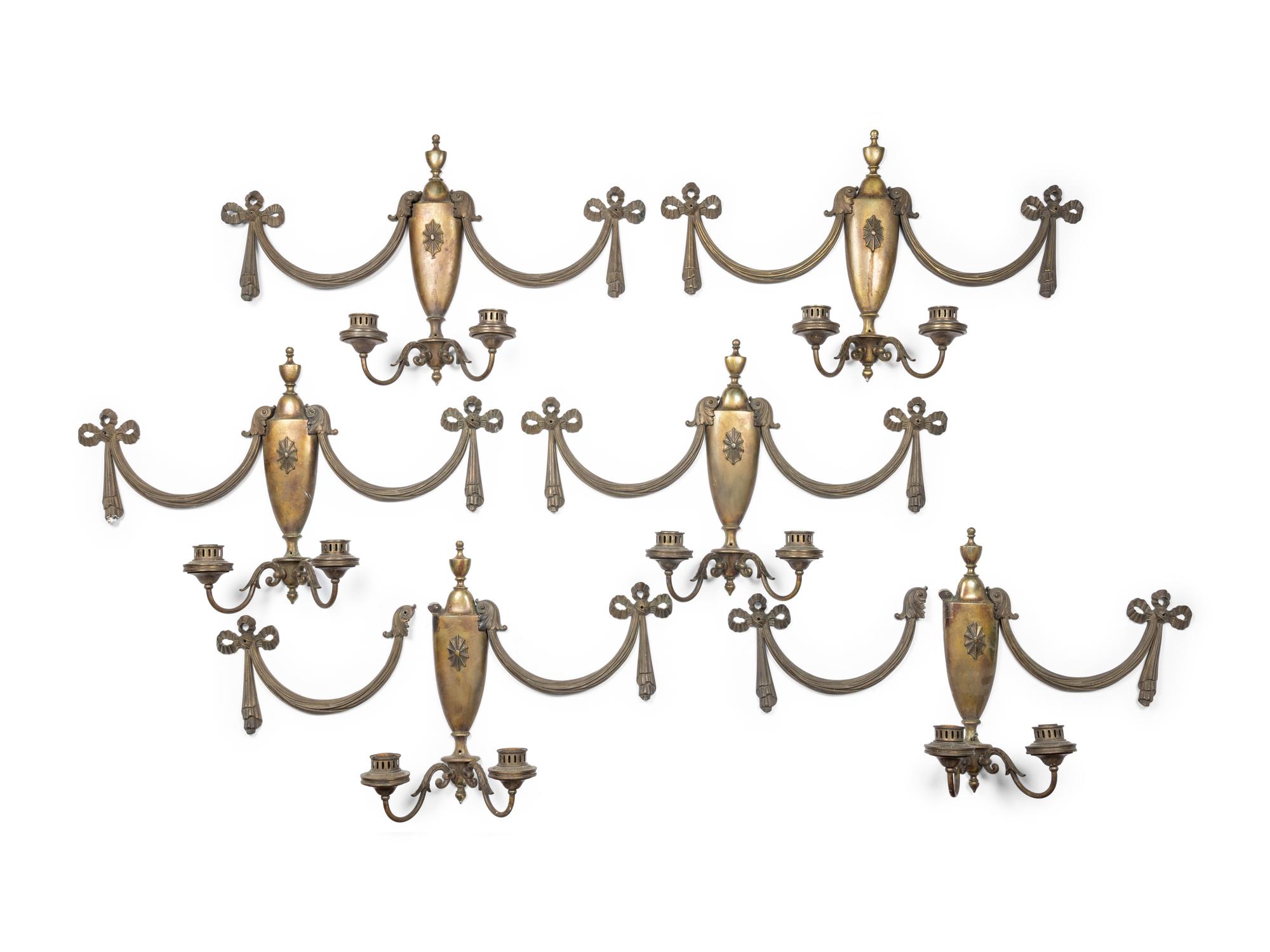 A Set of Six Cast Brass Two-Light Sconces from the Cook County Hospital Administration Building