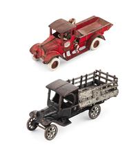 Two Arcade Cast Iron Flat Bed Trucks