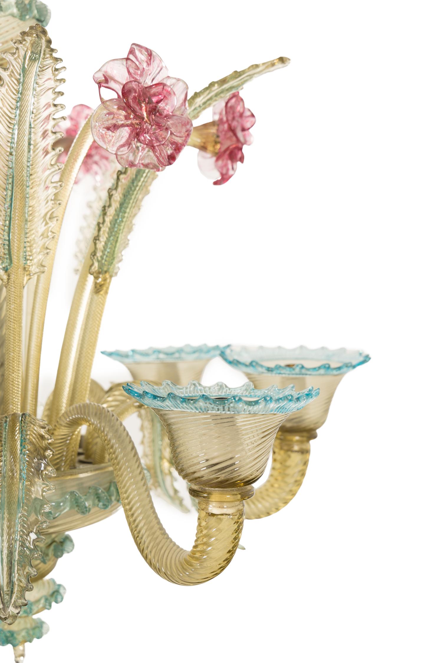 A Murano Colored Glass Chandelier and Matching Sconces