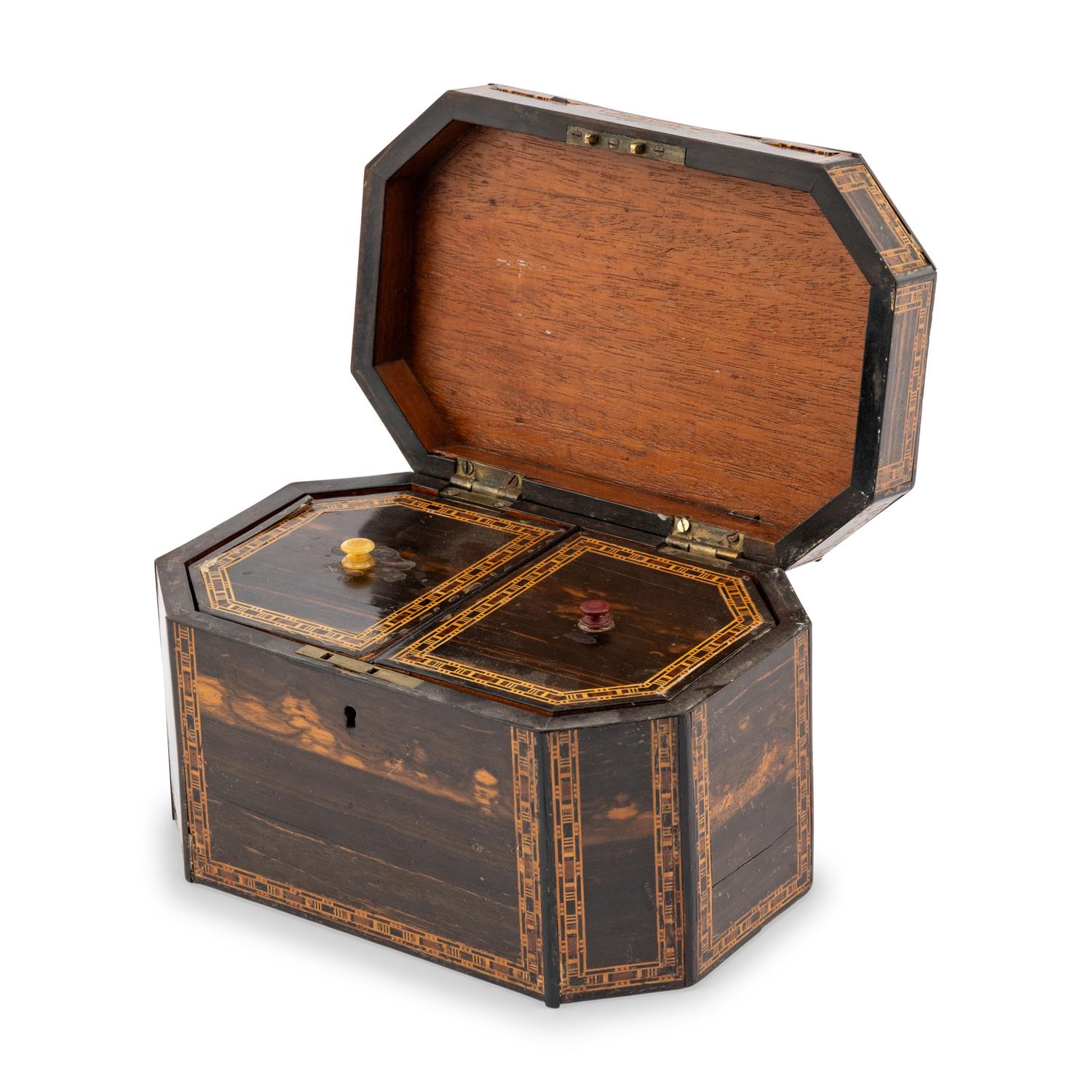An English Calamander and Tunbridge Marquetry Tea Caddy