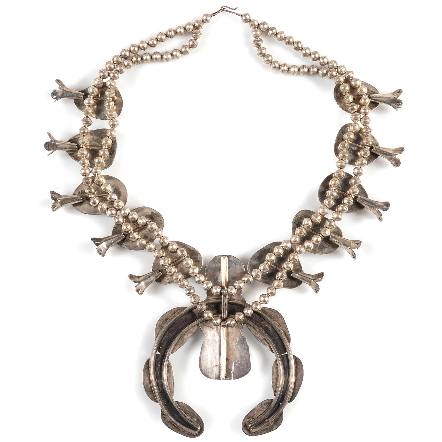 Large Navajo Silver and Turquoise Squash Blossom Necklace