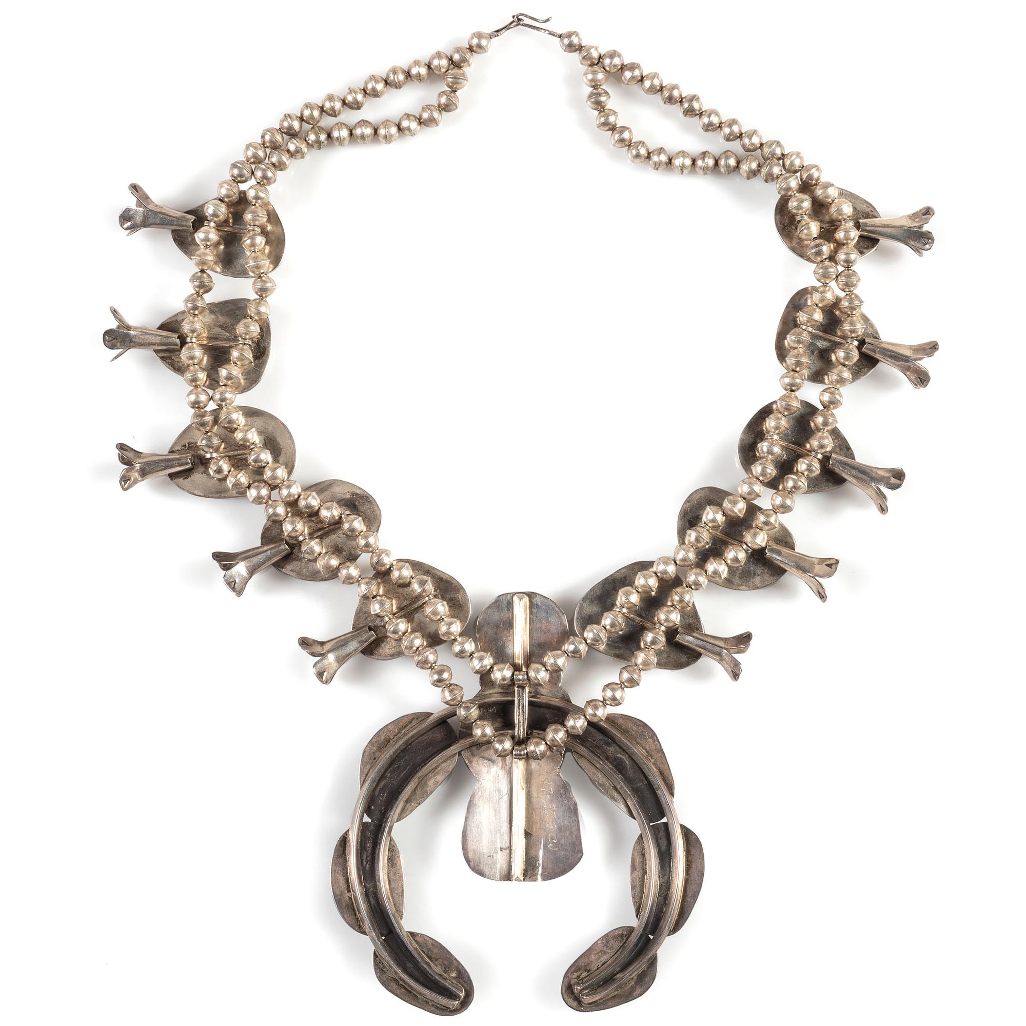 Large Navajo Silver and Turquoise Squash Blossom Necklace