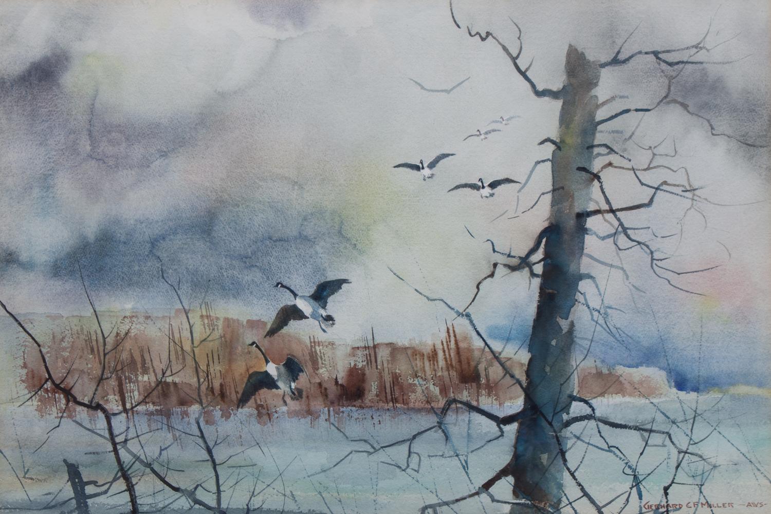 Gerhard C. F. Miller, (Wisconsin, 1903-2003), Geese Flying Over Green Bay