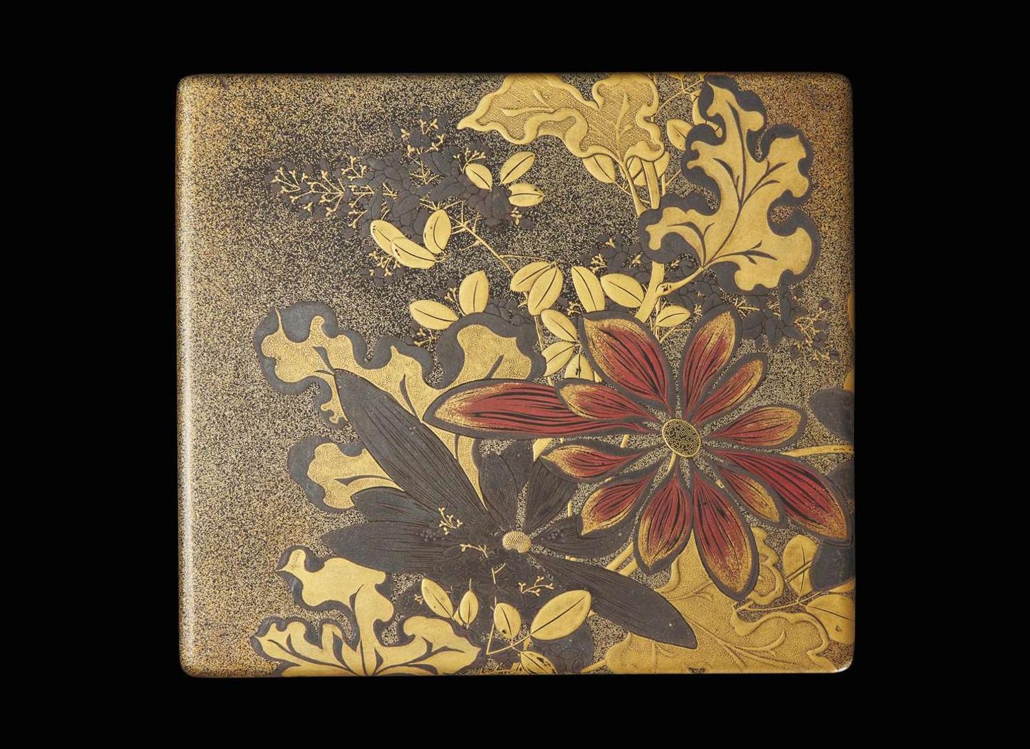 A Japanese black, gold and red-lacquered four-tier picnic box 日本四層紅金漆盒