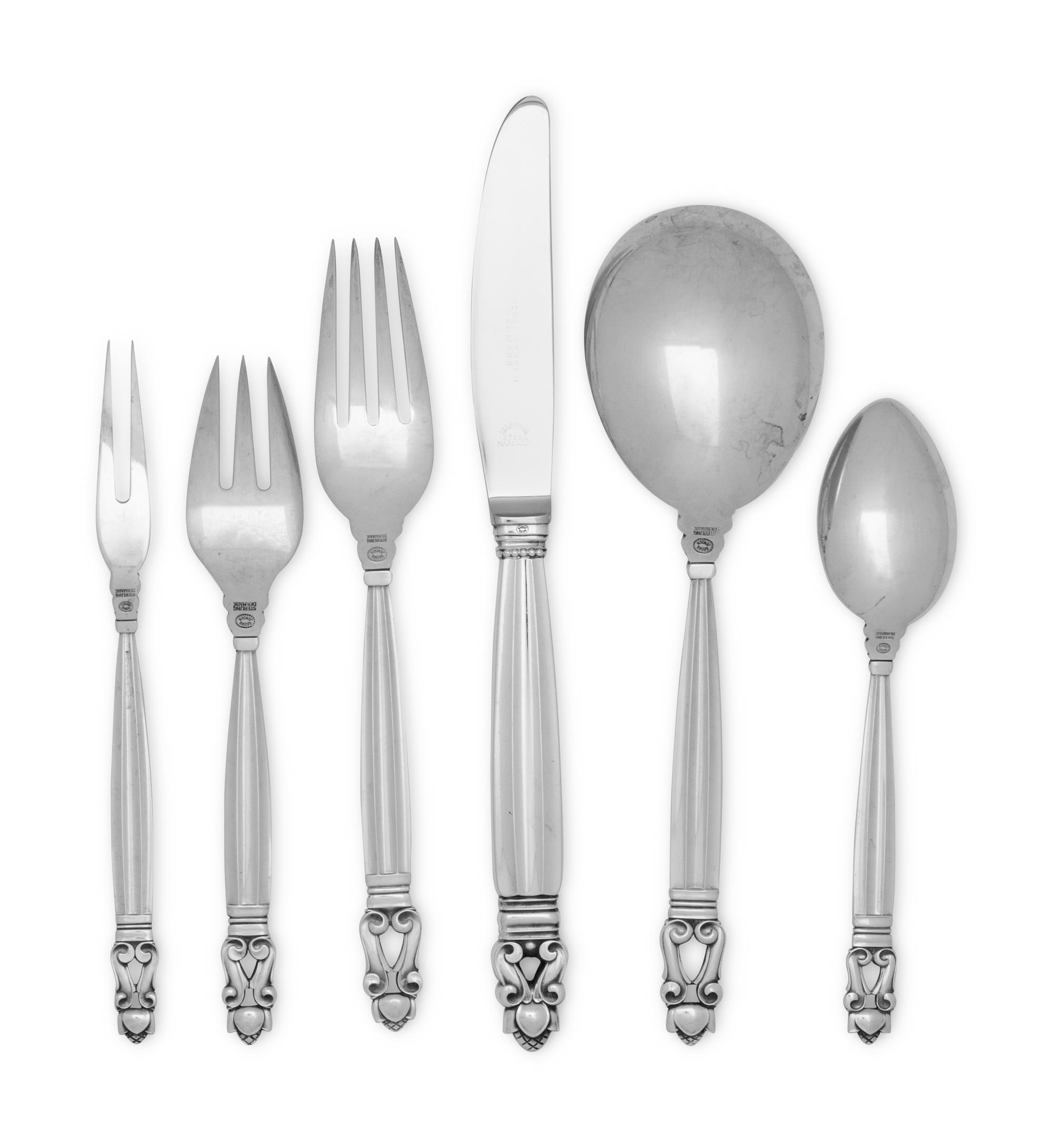 A Georg Jensen Acorn Silver Flatware Service