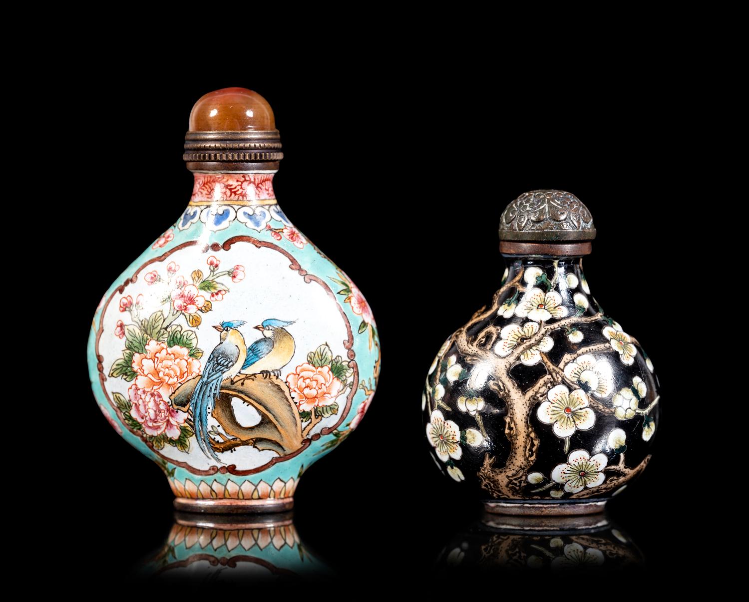 Two Enamel on Copper 'Prunus' Snuff Bottles