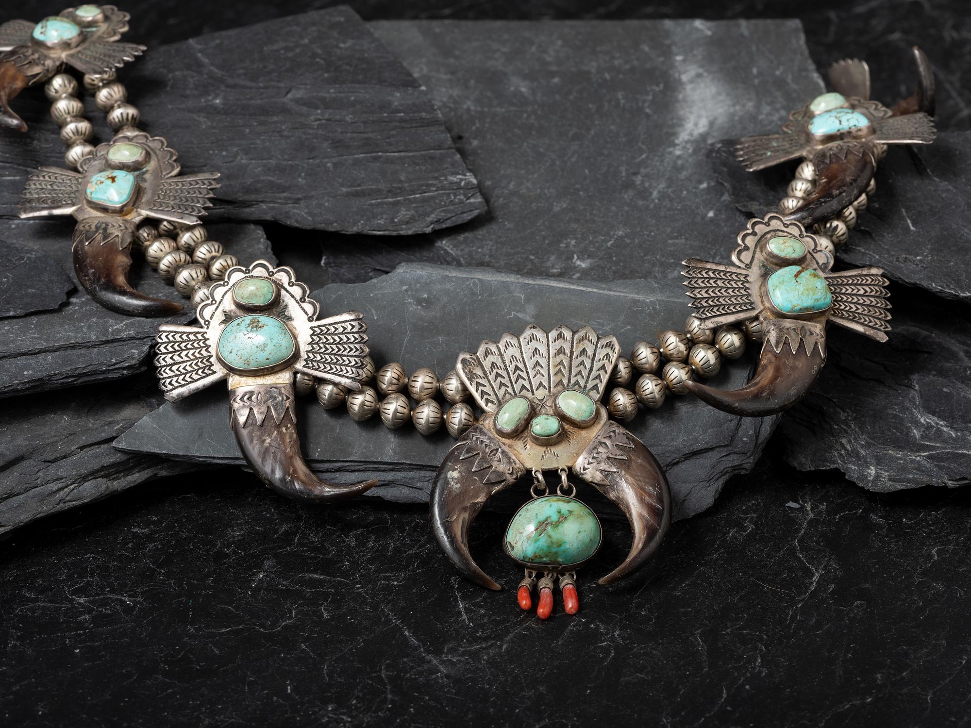 Navajo Silver, Turquoise, and Claw Squash Blossom Necklace
