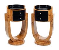 A Pair of Art Deco Style Part-Ebonized Burl Walnut Bedside Cabinets