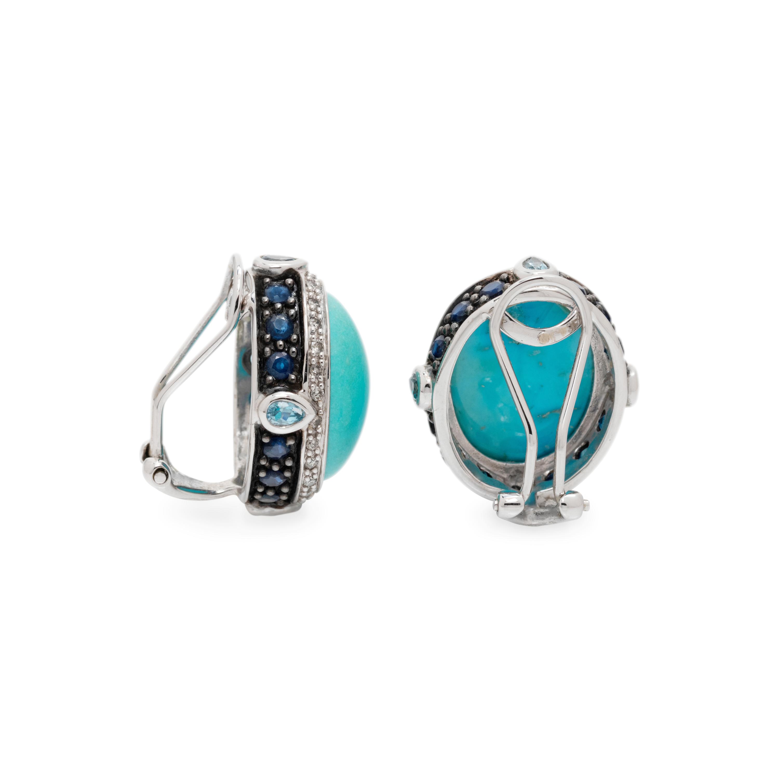 TREATED TURQUOISE, DIAMOND, AQUAMARINE AND SAPPHIRE EARCLIPS