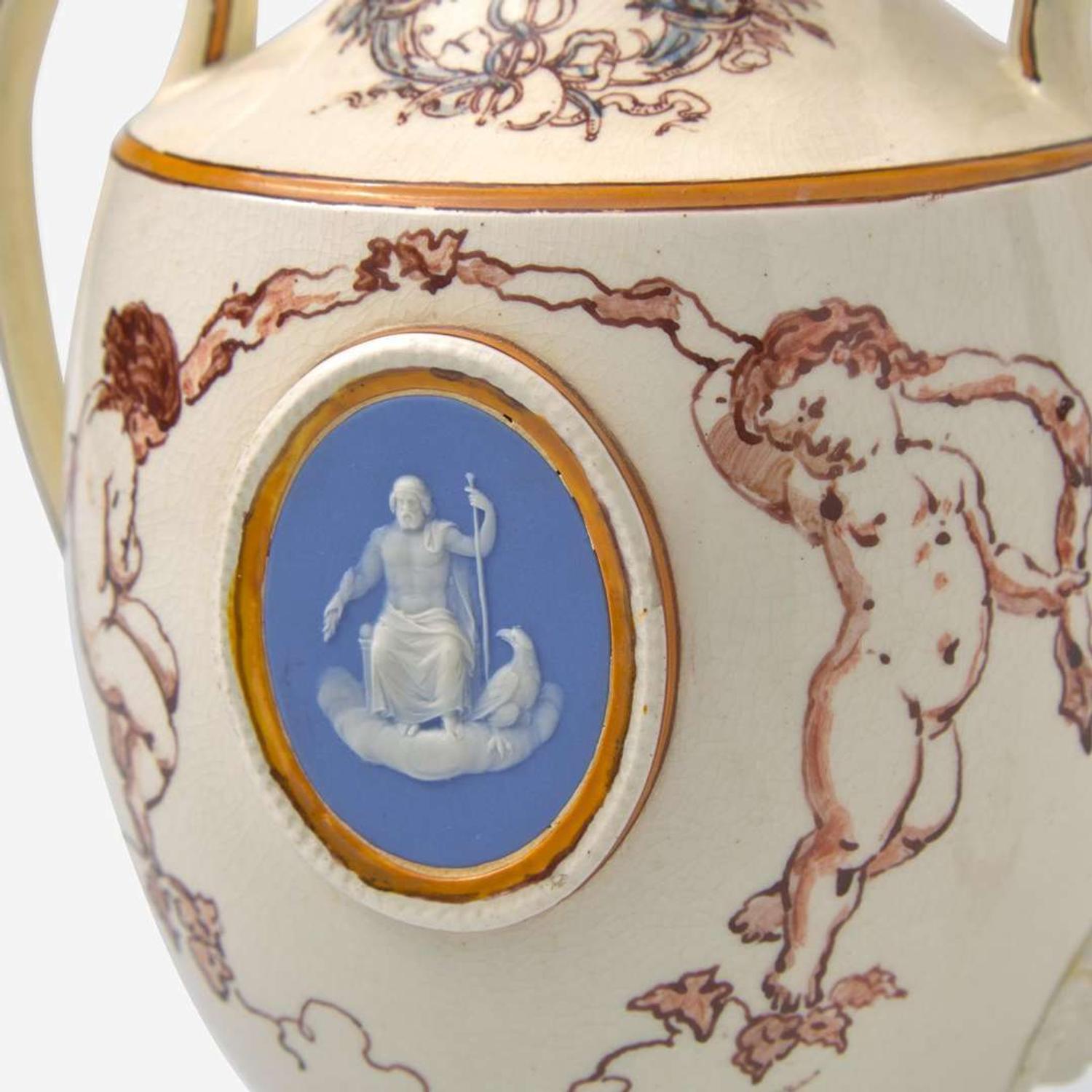 A Wedgwood Emile Lessore (1805-1876) Decorated Queensware Covered Vase with Jasperware Plaques, UK, circa 1861