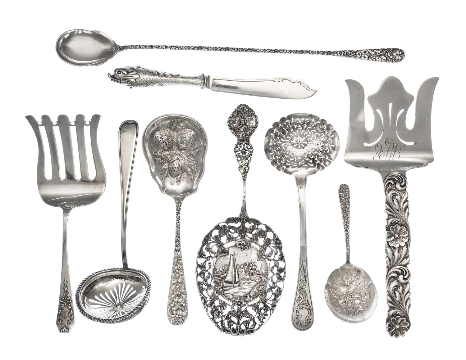 A Group of Silver Serving Articles, Various Makers, comprising two asparagus forks, two berry spoons, two bon bon spoons, two fish kniv