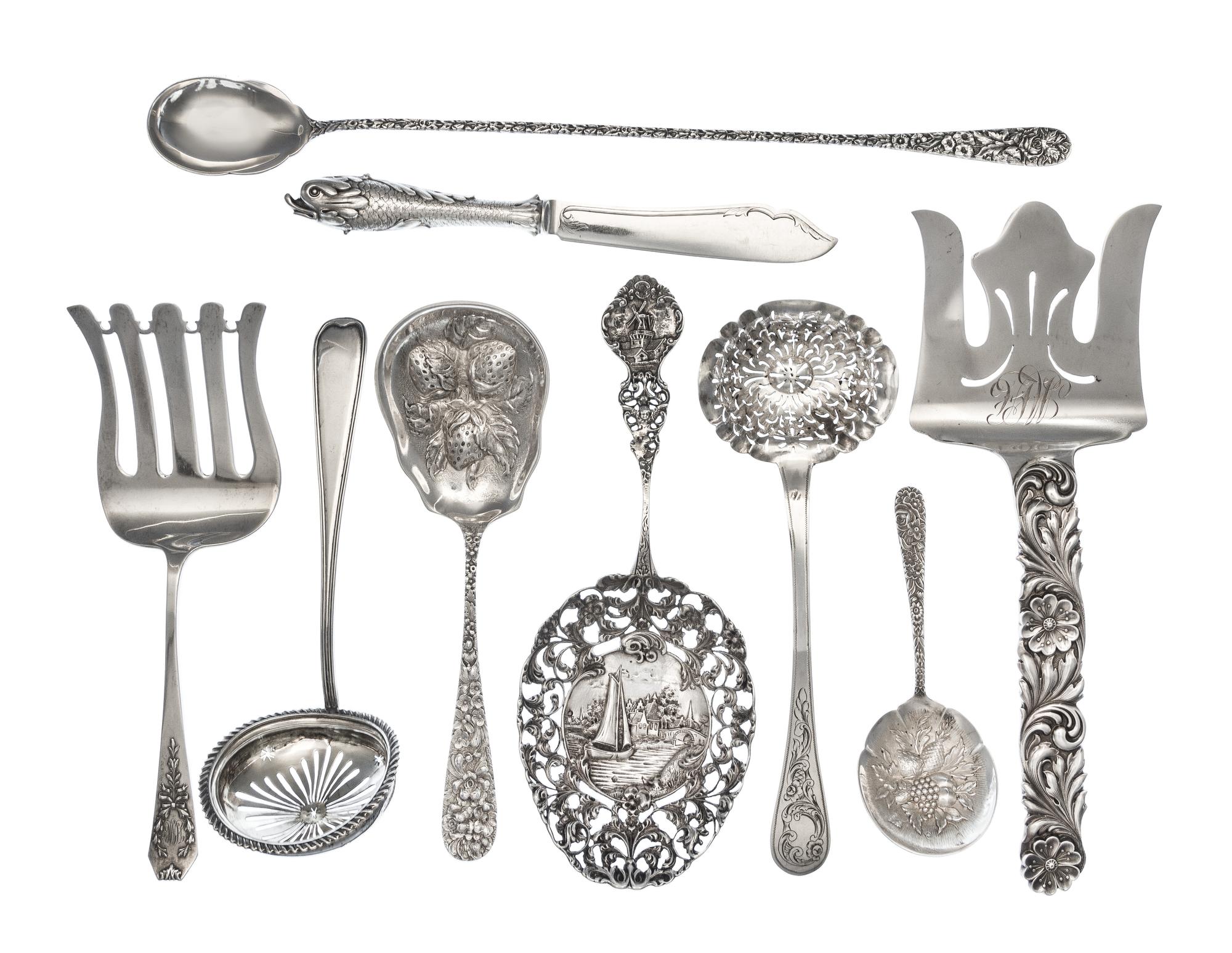 A Group of Silver Serving Articles, Various Makers, comprising two asparagus forks, two berry spoons, two bon bon spoons, two fish kniv