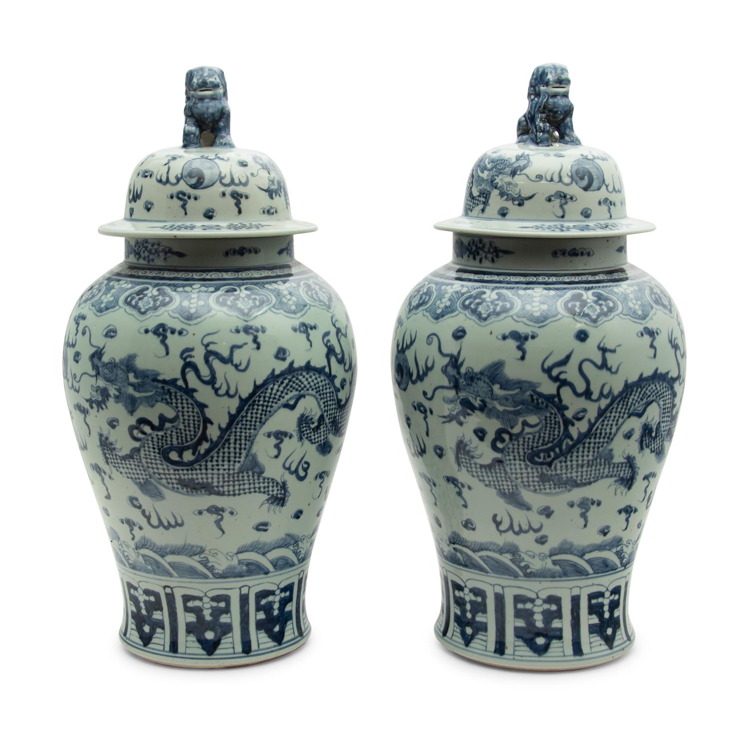 A Large Pair of Chinese Blue and White Porcelain Covered Jars