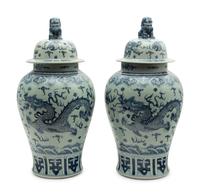 A Large Pair of Chinese Blue and White Porcelain Covered Jars