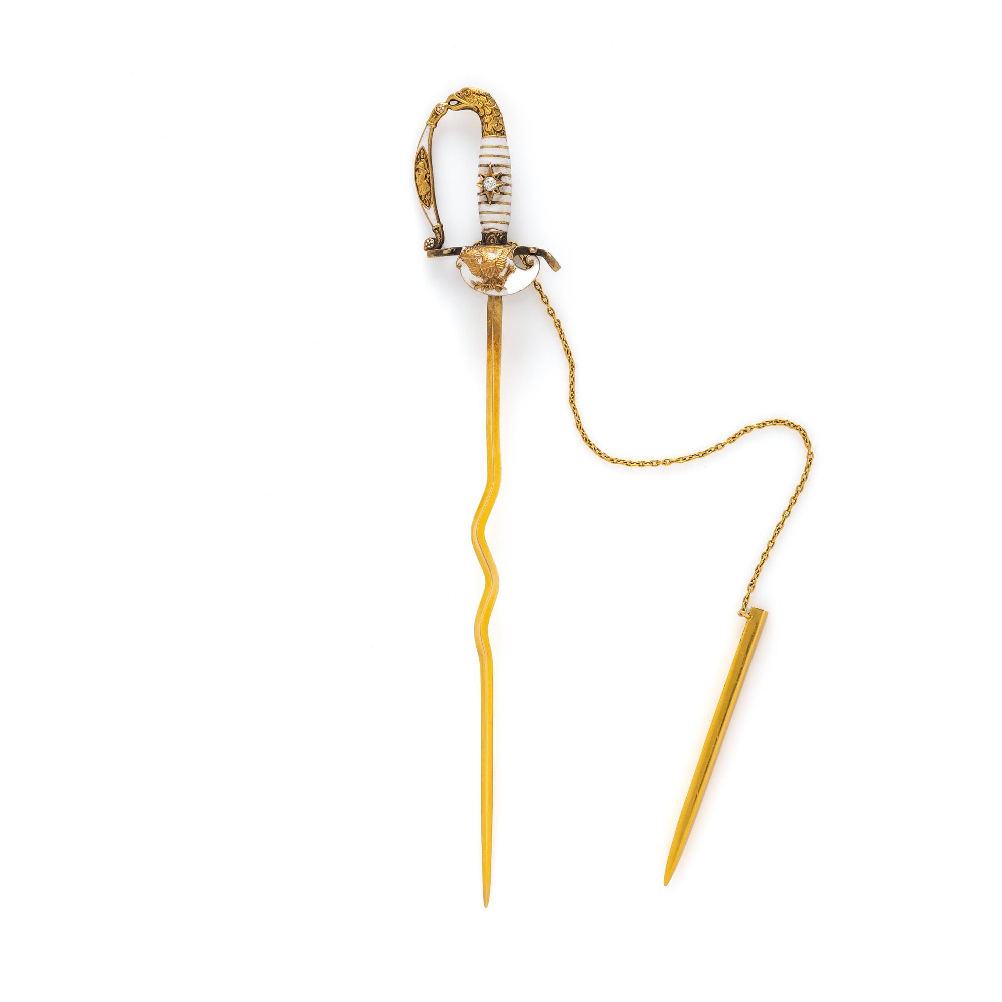 YELLOW GOLD AND ENAMEL SWORD PIN
