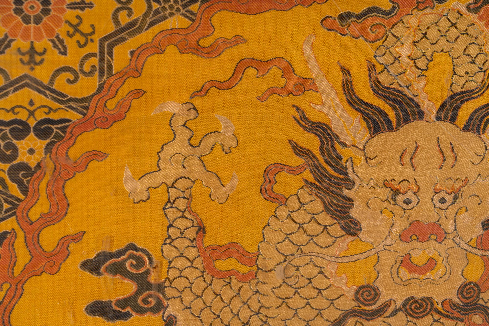 A Pair of Chinese Yellow Ground Brocade Woven 'Dragon' Silk Chair Covers