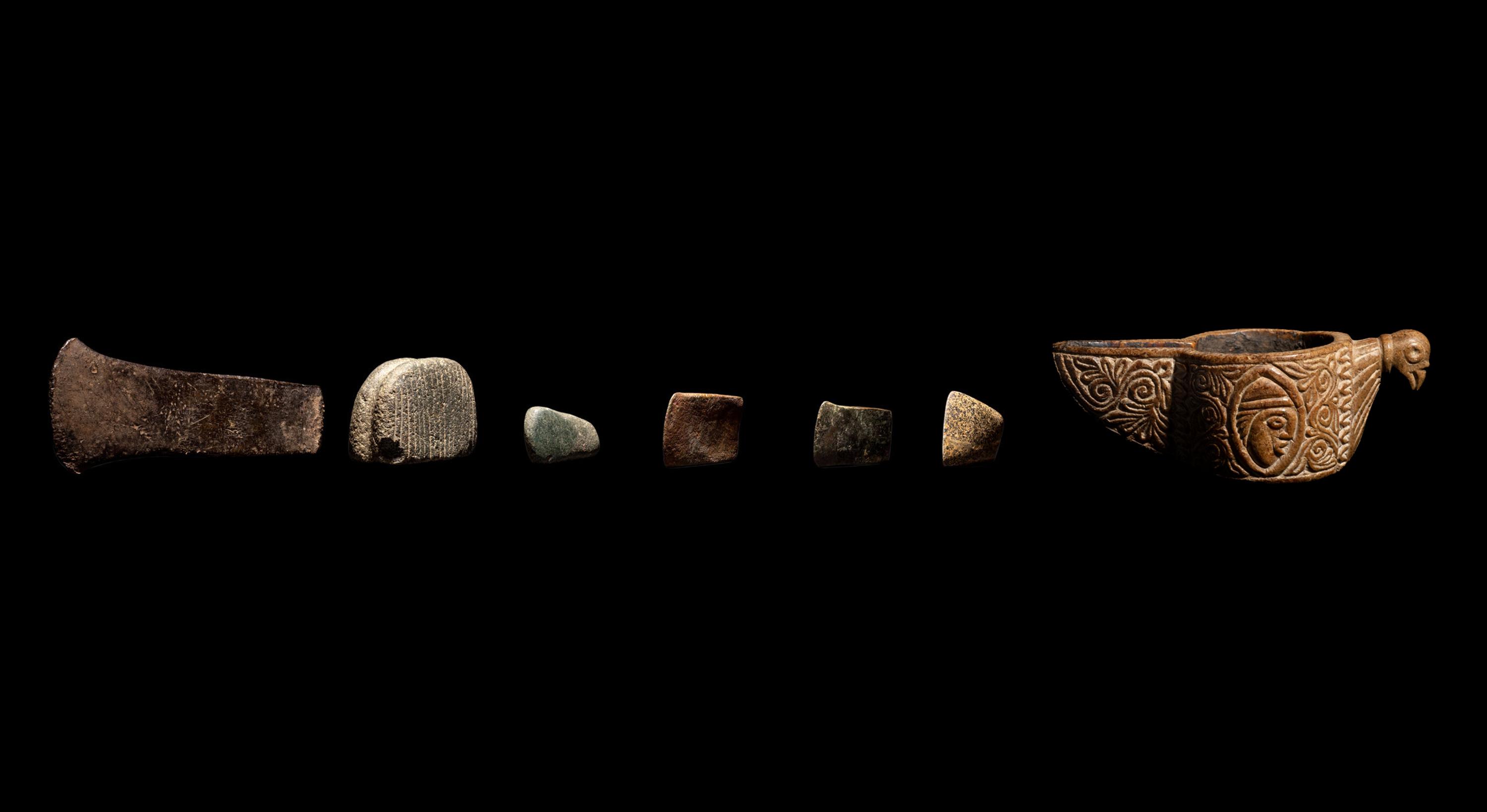 A Group of 6 South American Tools and a Vessel