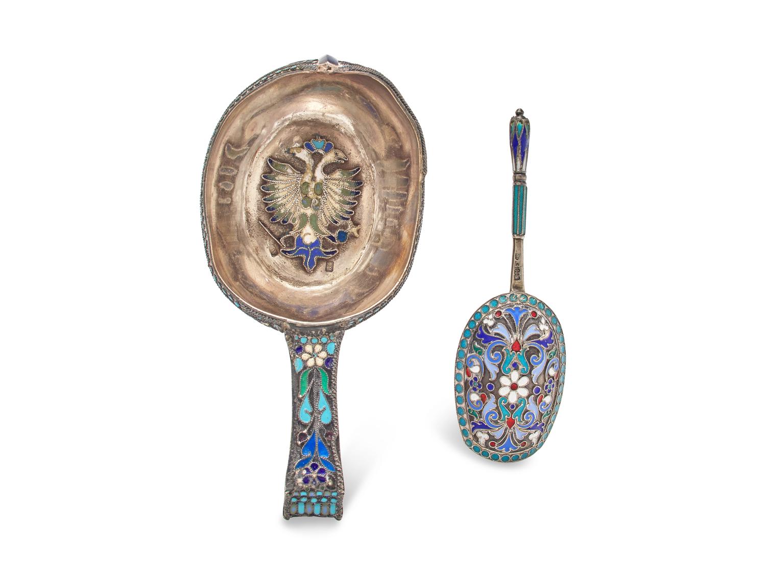 A Russian Silver and Cloisonné Enamel Kovsh and Spoon