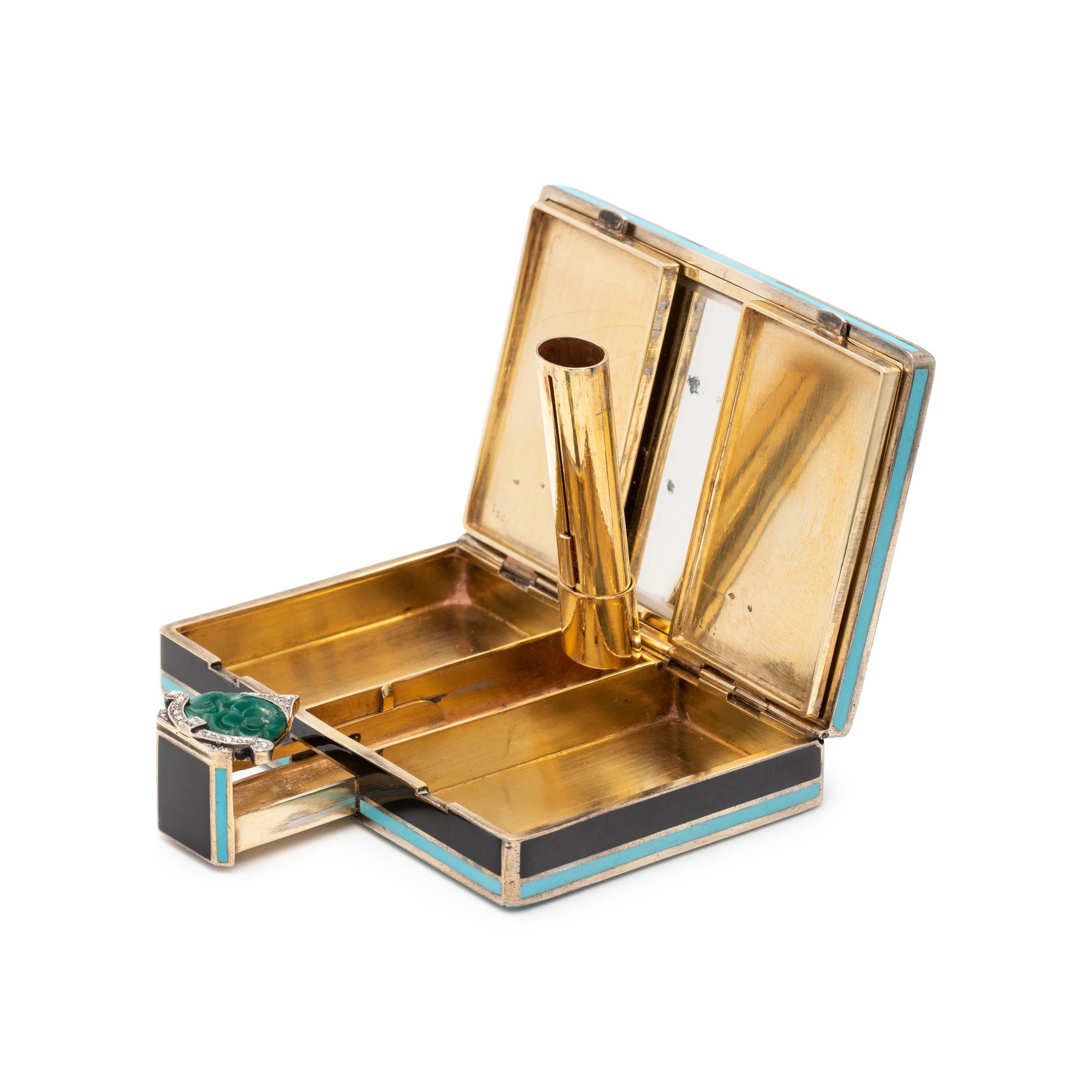 AUGUSTE PEYROULA, FRENCH, ENAMEL, HARDSTONE AND DIAMOND COMPACT