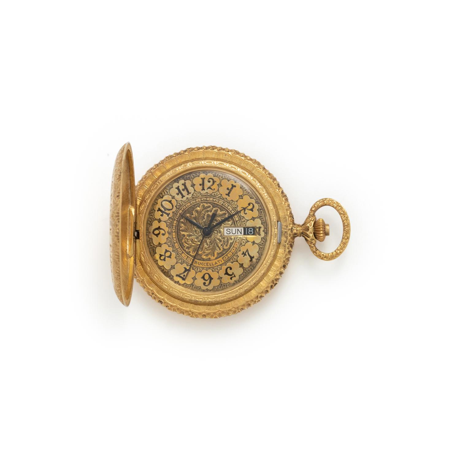 BUCCELLATI, UNIVERSAL GENEVE, 18K YELLOW GOLD HUNTER CASE POCKET WATCH