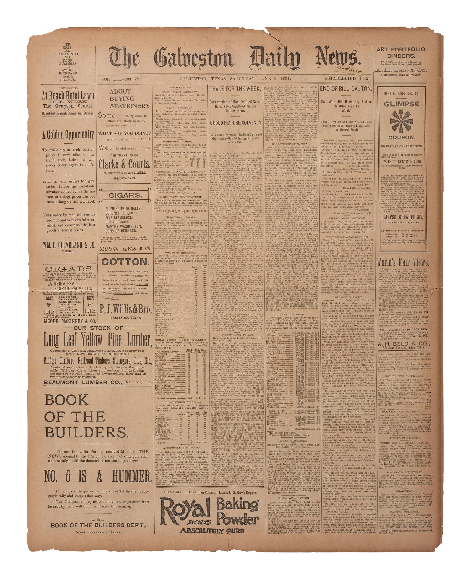 [OUTLAWS & LAWMEN]. Galveston Daily News . Front-page report of the "End of Bill Dalton."