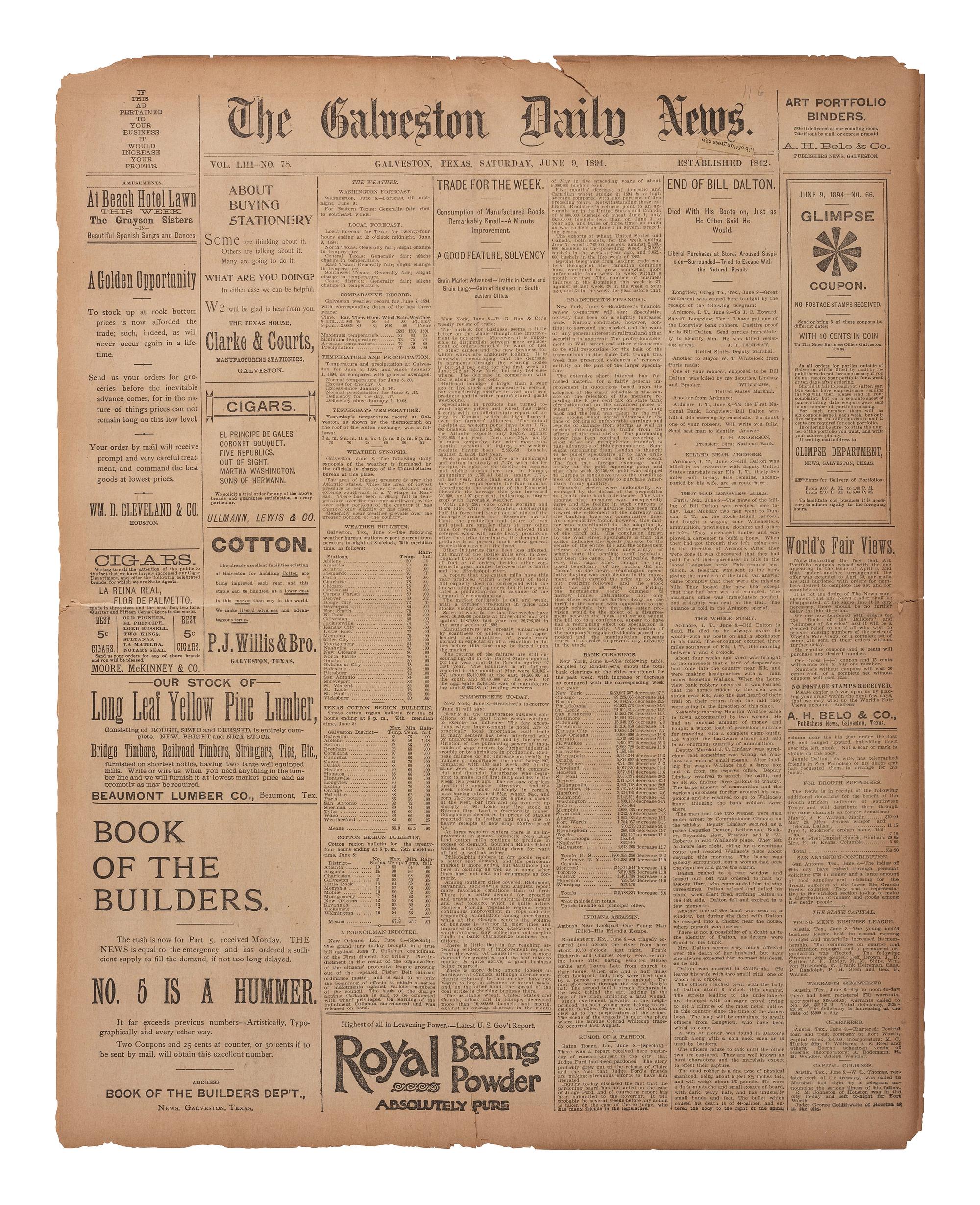 [OUTLAWS & LAWMEN]. Galveston Daily News . Front-page report of the "End of Bill Dalton."