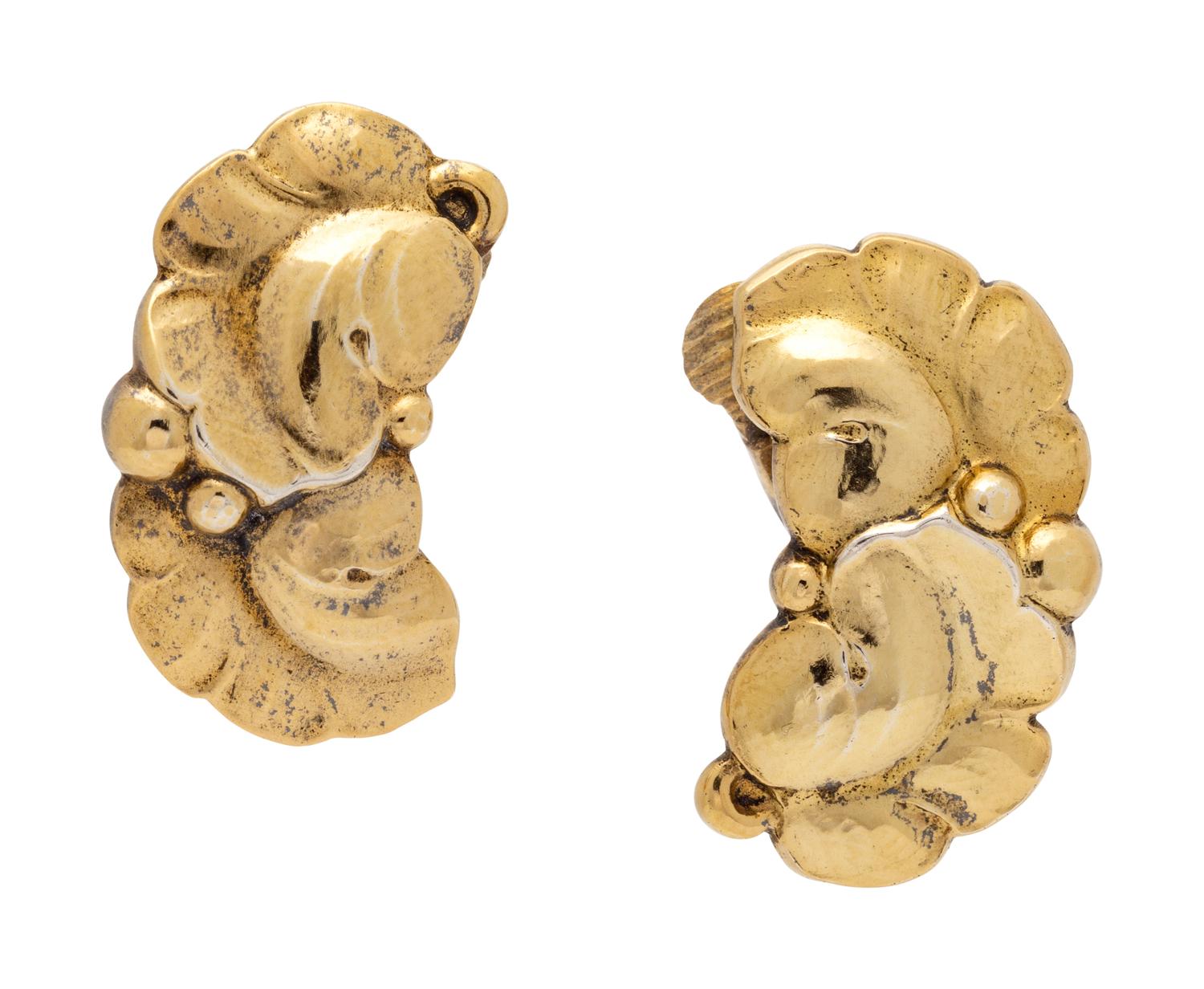 A Pair of Gilt Sterling Silver Floral Motif Earclips, Harald Nielson for Georg Jensen,