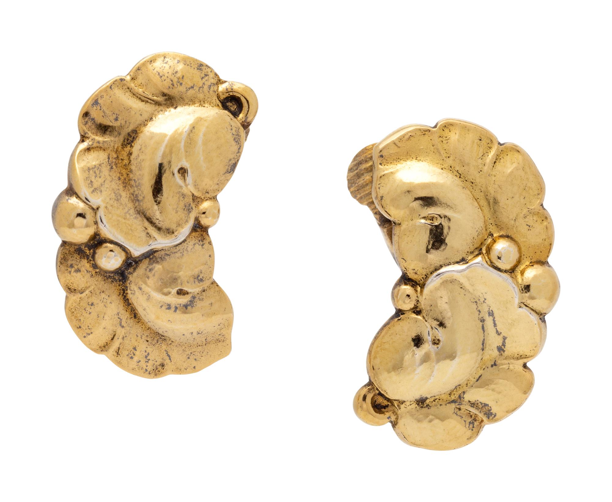 A Pair of Gilt Sterling Silver Floral Motif Earclips, Harald Nielson for Georg Jensen,