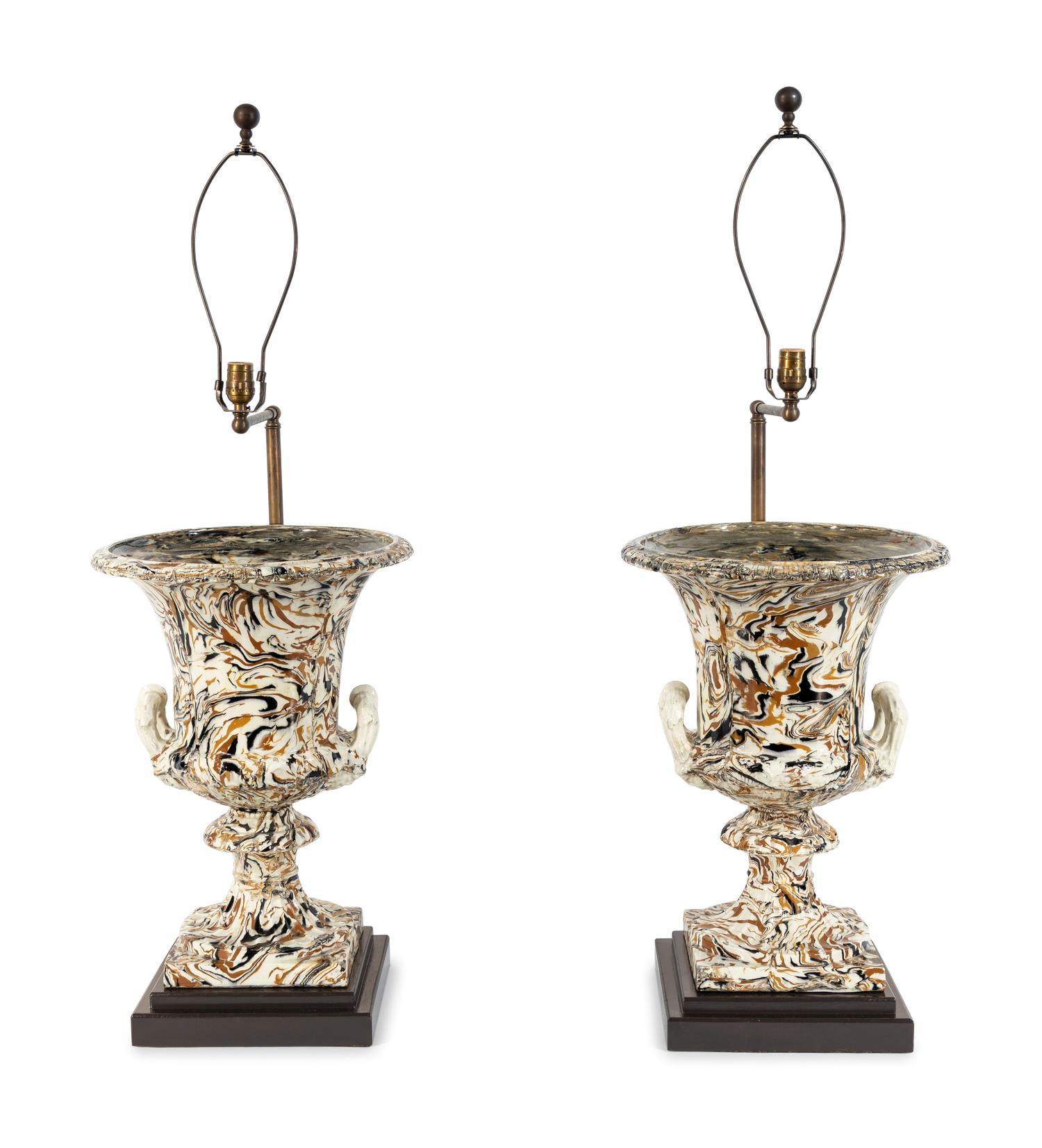 A Pair of Marble-Glazed Terracotta Urns Mounted as Lamps