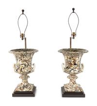 A Pair of Marble-Glazed Terracotta Urns Mounted as Lamps