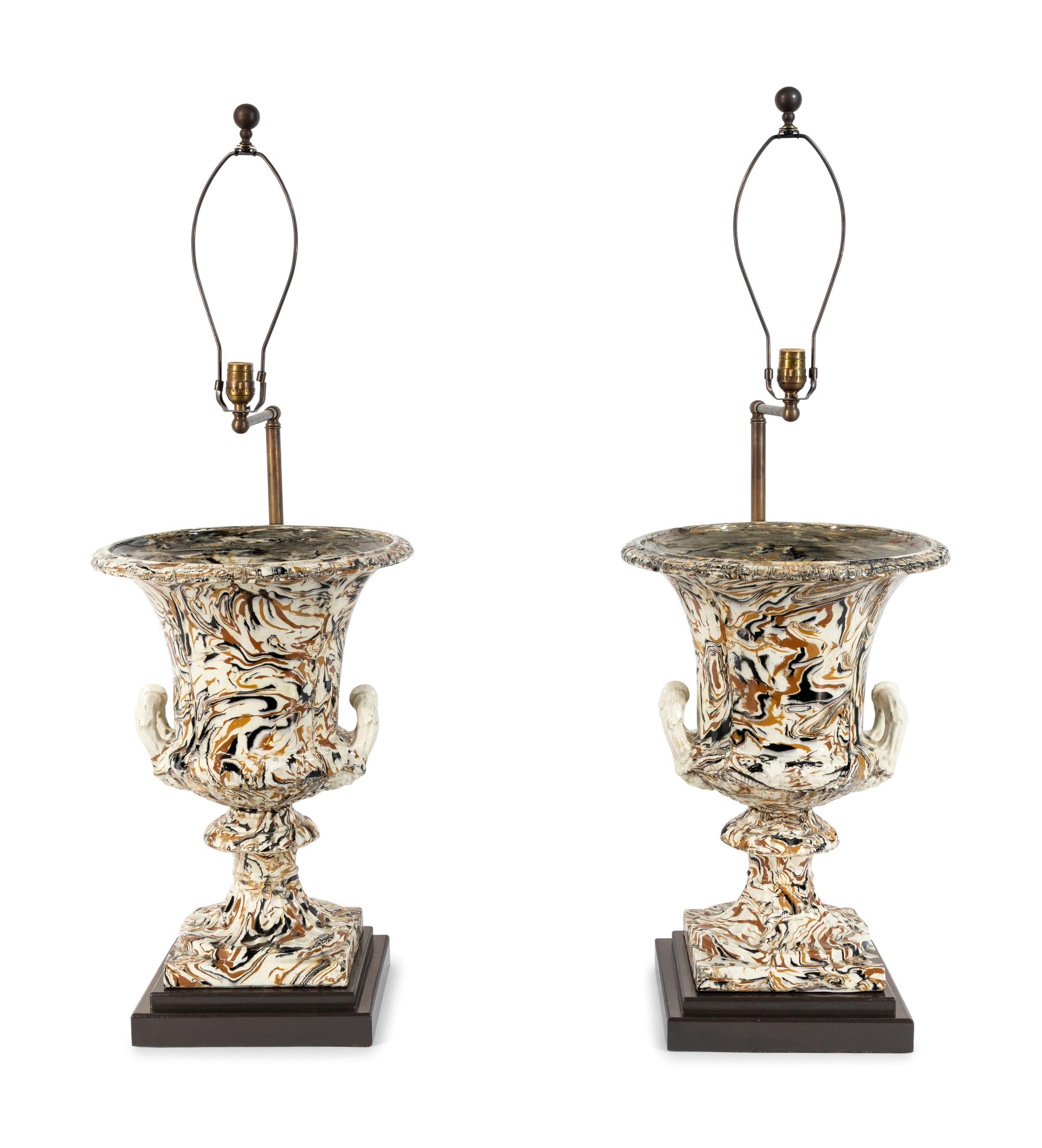 A Pair of Marble-Glazed Terracotta Urns Mounted as Lamps