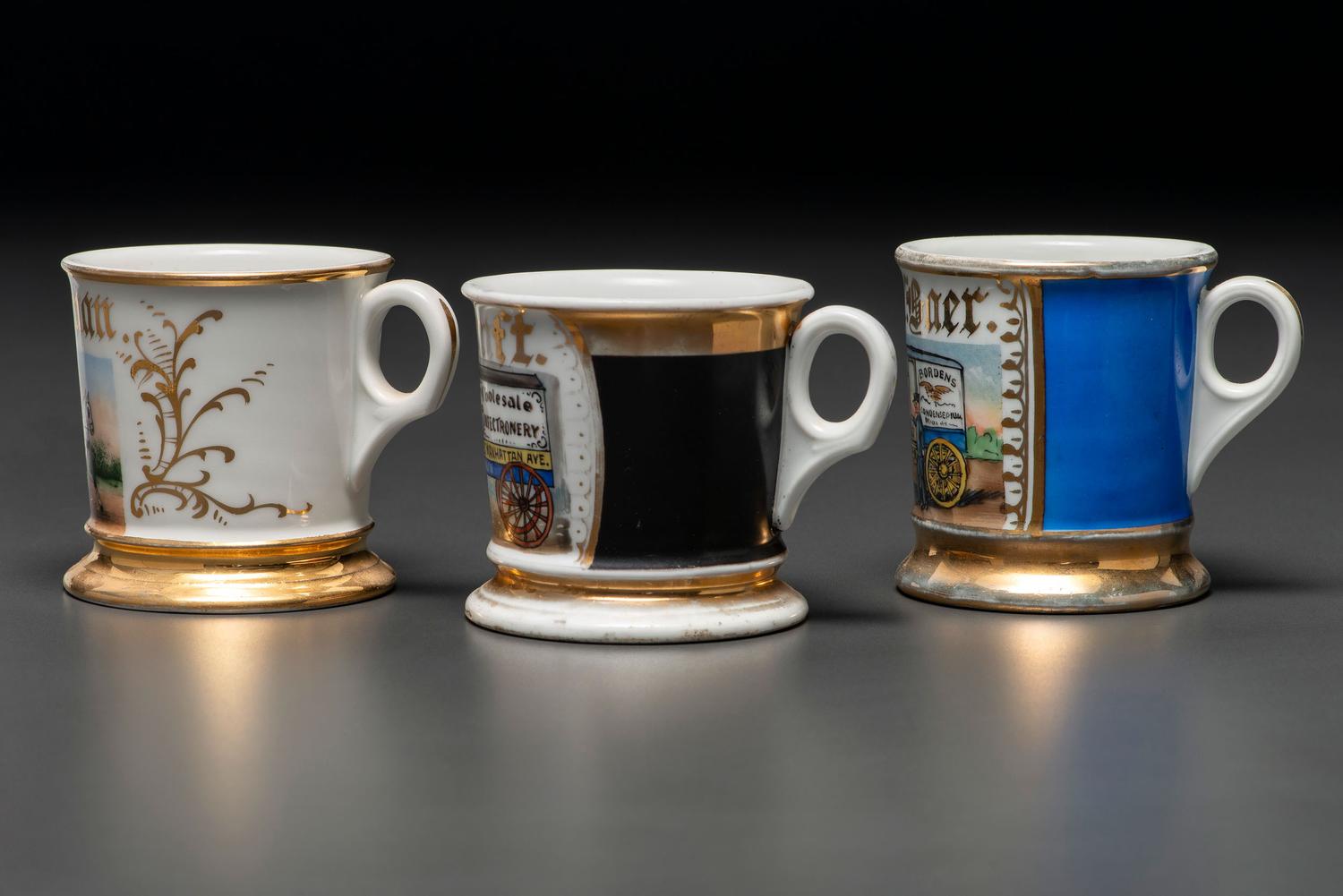 Three Porcelain Occupational Shaving Mugs Depicting Horse-Drawn Delivery Wagons