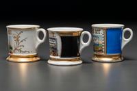 Three Porcelain Occupational Shaving Mugs Depicting Horse-Drawn Delivery Wagons