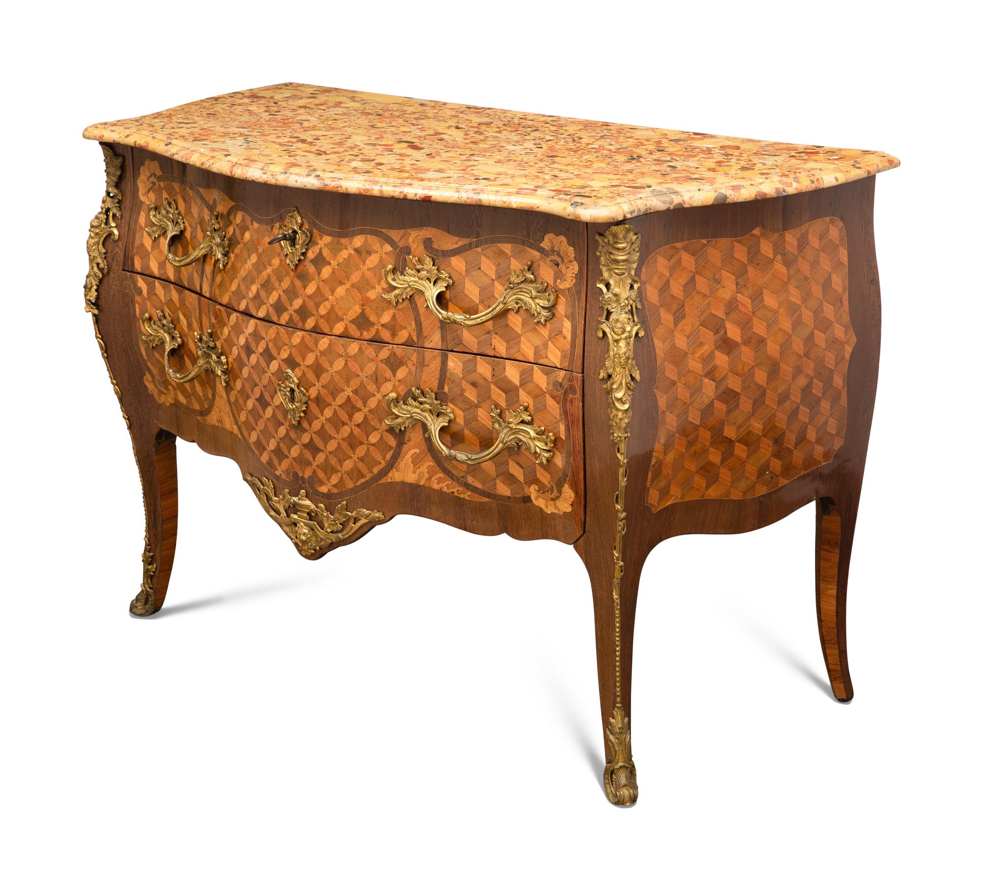 A Louis XV Gilt Bronze Mounted Parquetry Marble-Top Commode
