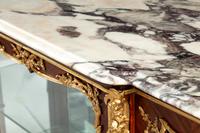 A Pair of Louis XV Style Gilt Bronze Mounted Kingwood and Rosewood Marble-Top Vitrine Cabinets