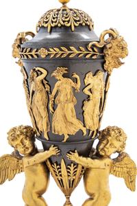 A Pair of Directoire Revival Gilt and Patinated Bronze Urn Ornaments