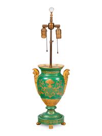 A Paris Porcelain Green Painted and Parcel Gilt Urn Mounted as a Lamp