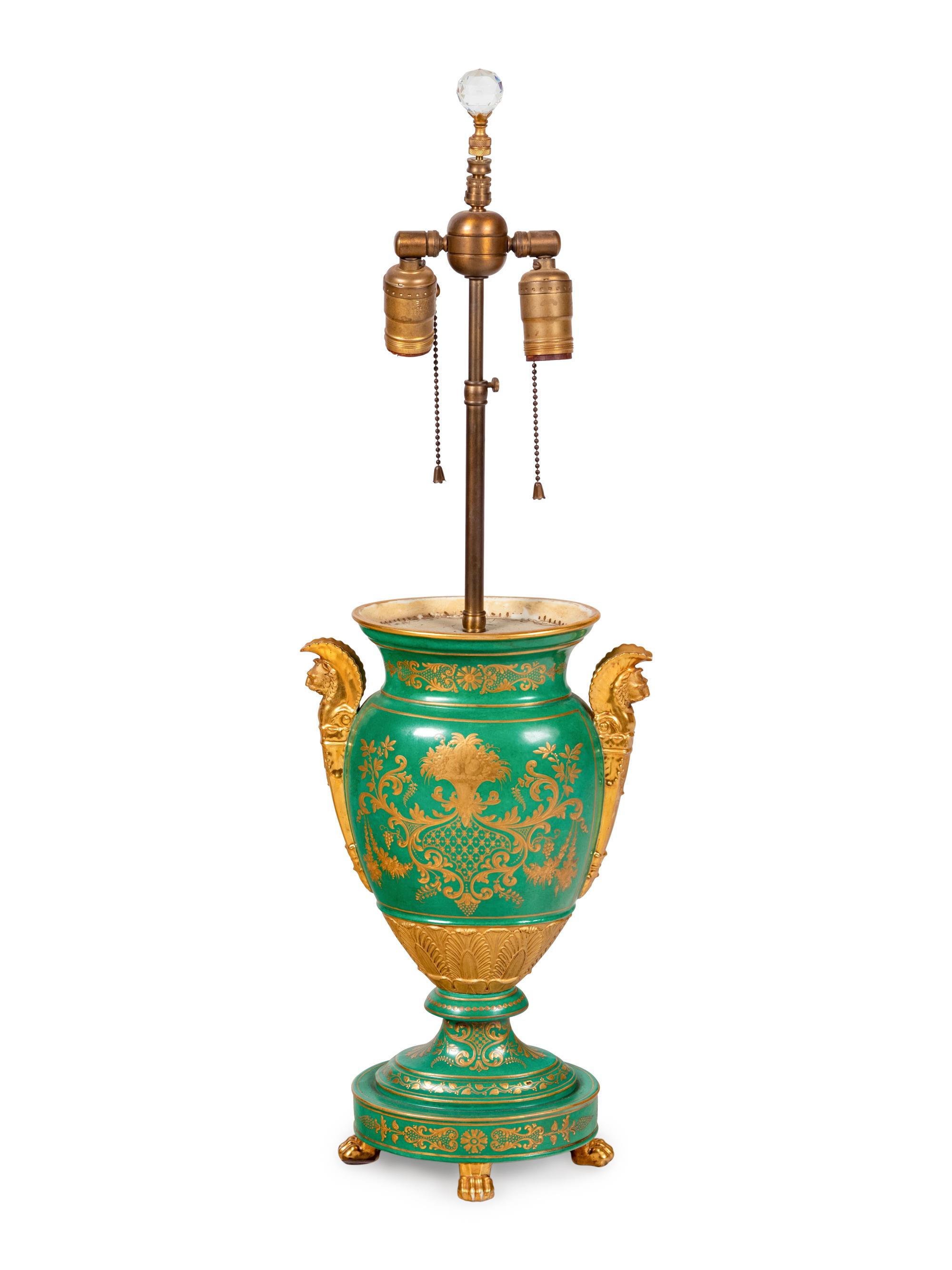 A Paris Porcelain Green Painted and Parcel Gilt Urn Mounted as a Lamp