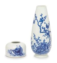 Two Chinese Blue and White Porcelain Items in the Manner of Wang Bu, 20th Century 近代 王步式青花賞瓶、水呈一組兩件