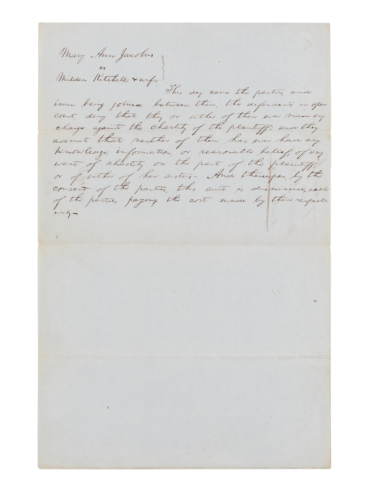 LINCOLN, Abraham (1809-1865). A group of 3 autograph documents in Lincoln's hand relating to the legal case Mary Ann Jacobus vs. Kitchell & Kitchell. Tazewell County, Illinois, 1851.