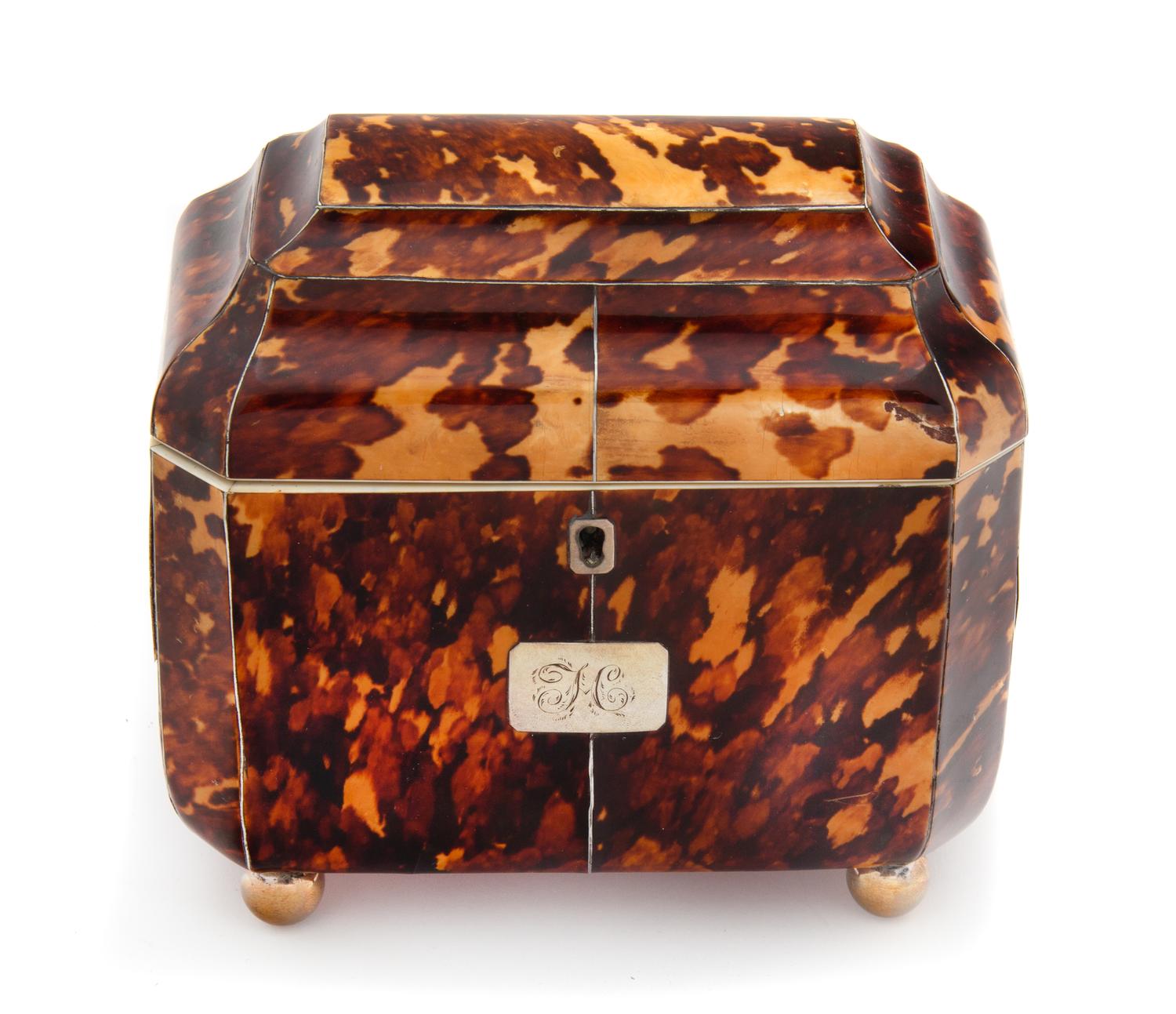 An English Tortoise Shell Tea Caddy Height 6 1/2 x width 6 3/4 x depth 4 inches. — 19TH CENTURY