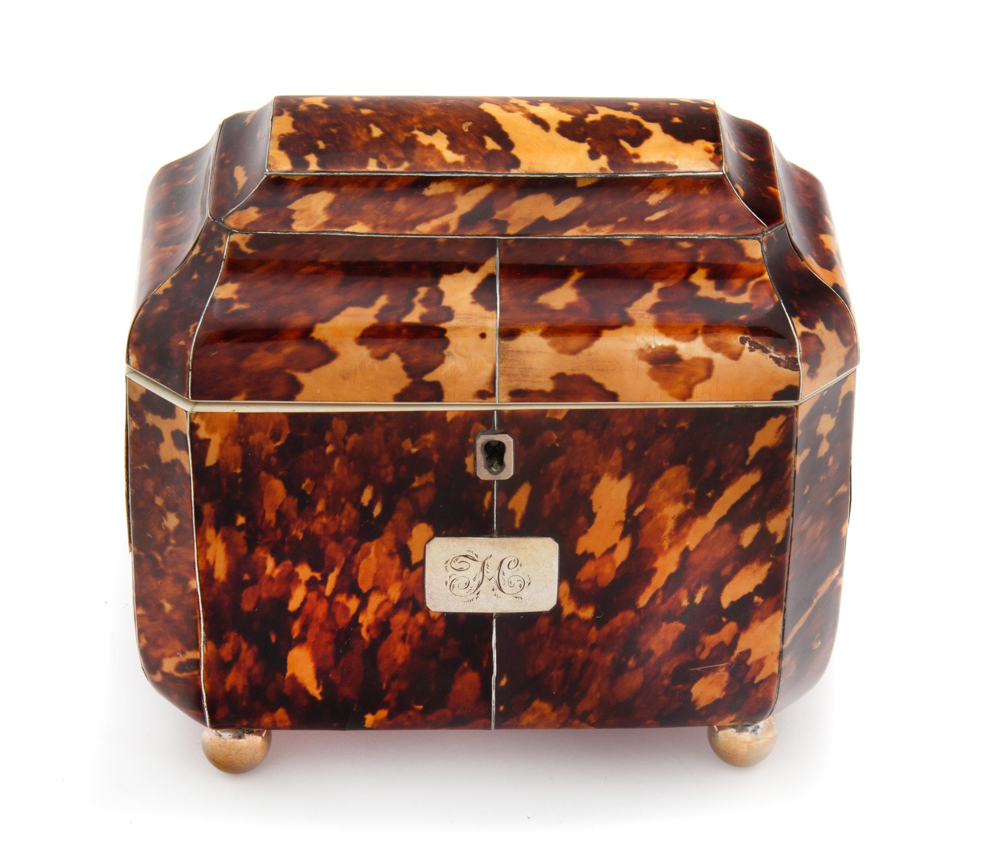 An English Tortoise Shell Tea Caddy Height 6 1/2 x width 6 3/4 x depth 4 inches. — 19TH CENTURY