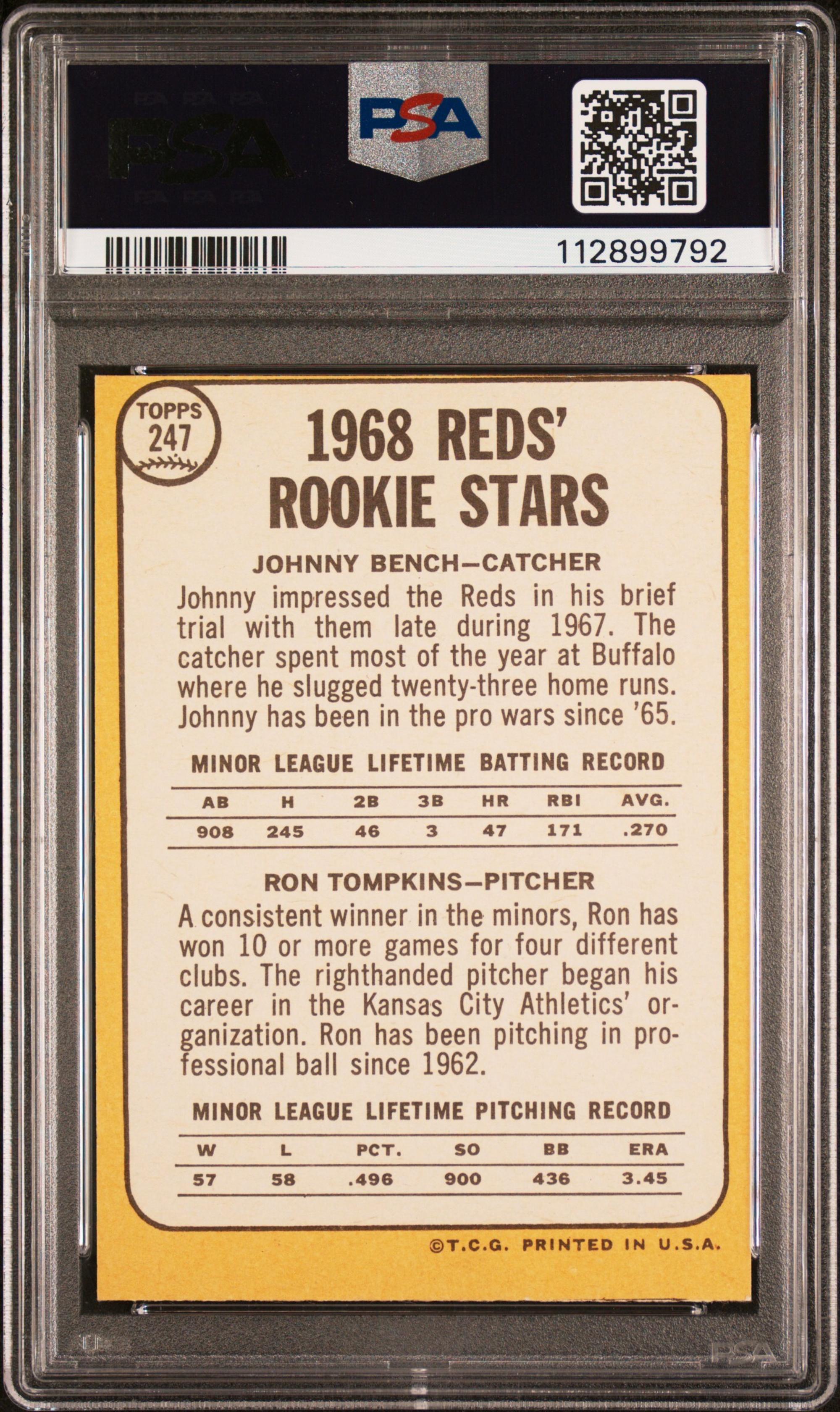 A 1968 Topps Johnny Bench Rookie Baseball Card No. 247 (PSA 4 VG-EX)