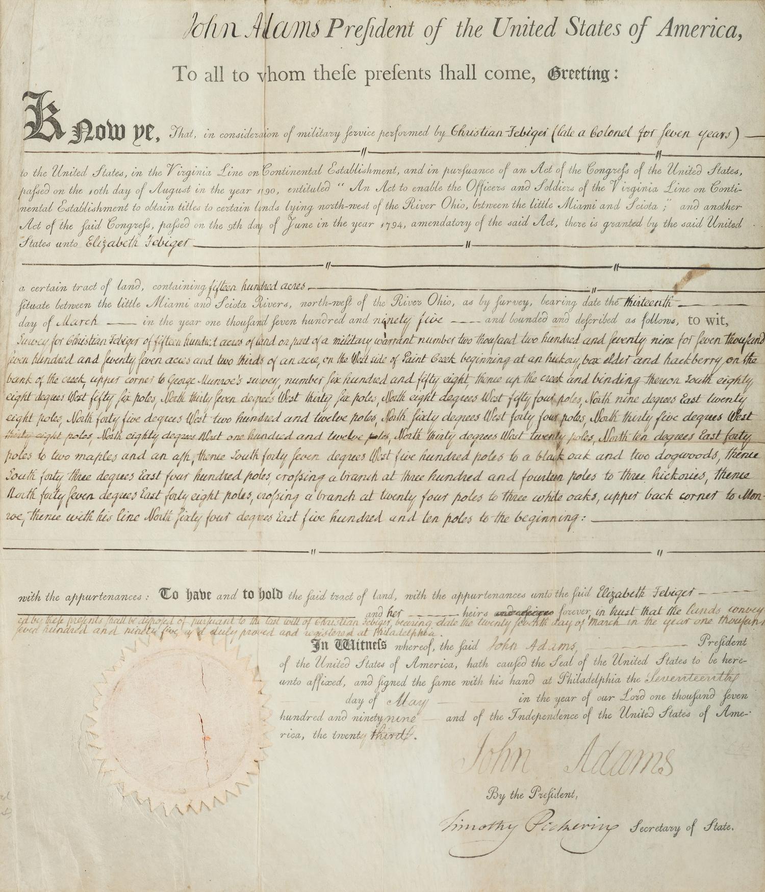 ADAMS, John (1735-1826). Document signed ("John Adams"), as President of the United States, to Elizabeth FEBIGER, widow of Revolutionary War commander Colonel Christian FEBIGER. Washington, D.C., 17 May 1799.