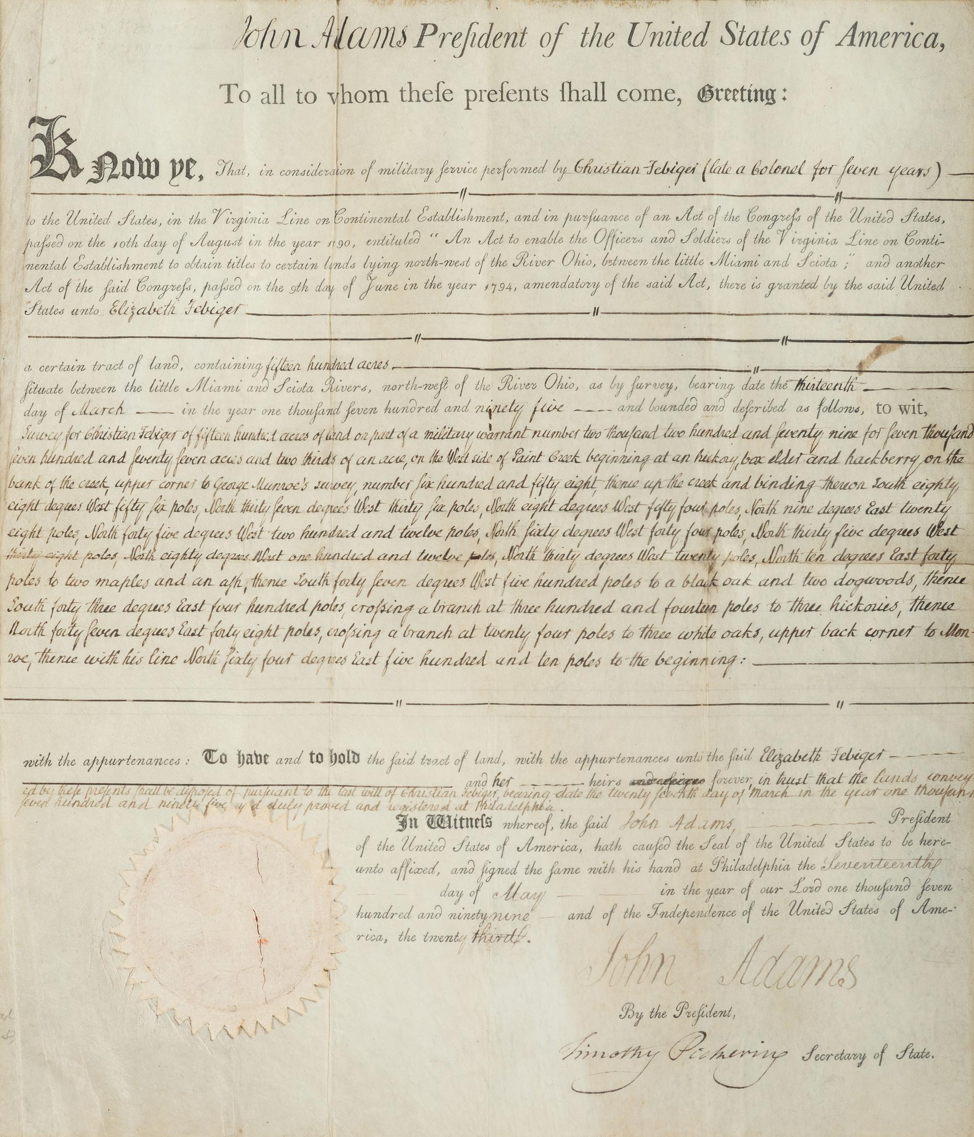 ADAMS, John (1735-1826). Document signed ("John Adams"), as President of the United States, to Elizabeth FEBIGER, widow of Revolutionary War commander Colonel Christian FEBIGER. Washington, D.C., 17 May 1799.