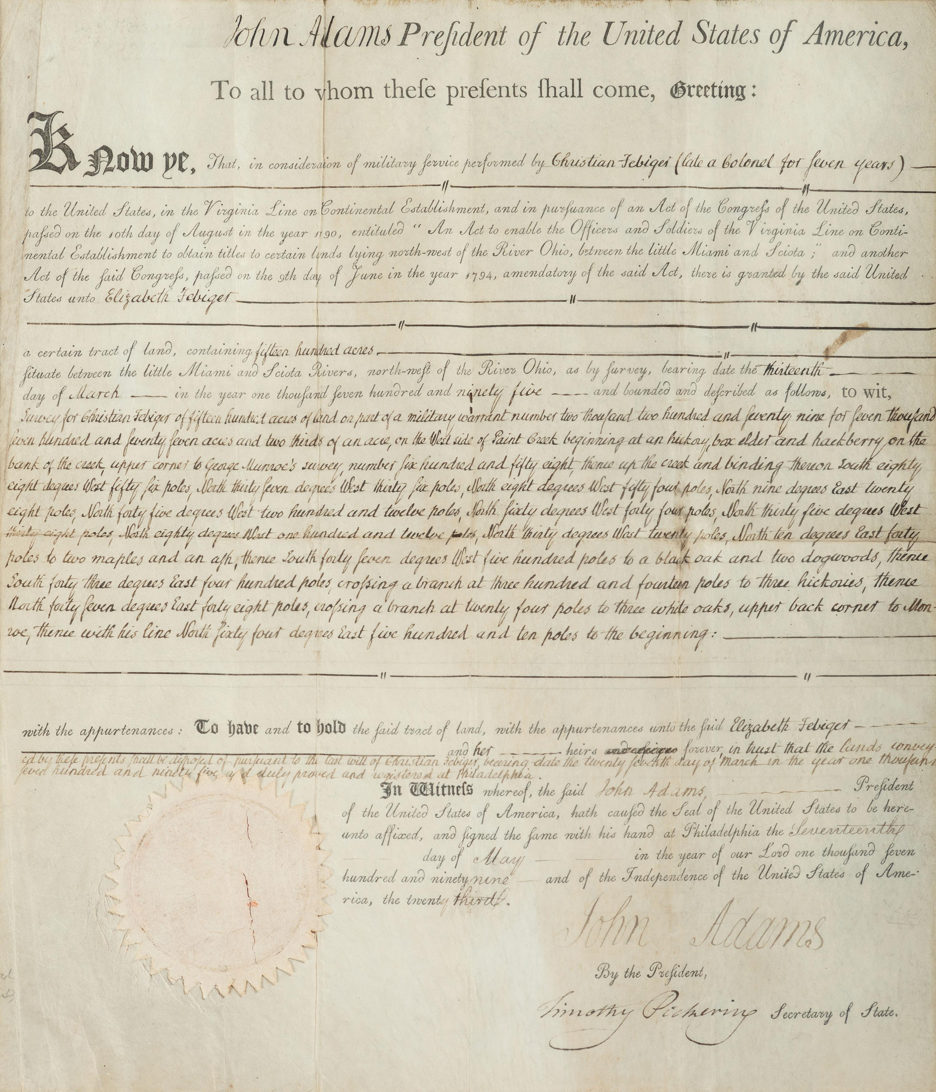 ADAMS, John (1735-1826). Document signed ("John Adams"), as President of the United States, to Elizabeth FEBIGER, widow of Revolutionary War commander Colonel Christian FEBIGER. Washington, D.C., 17 May 1799.