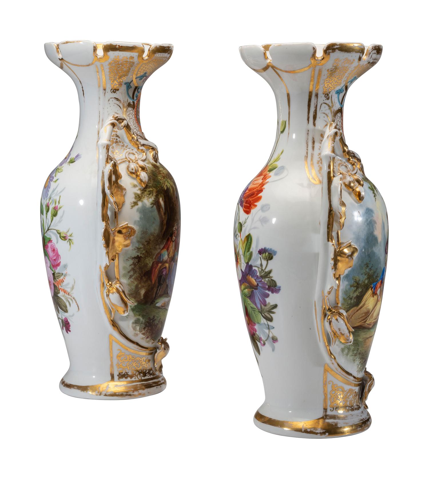 A Pair of Old Paris Porcelain Vases with Courtship Scenes
