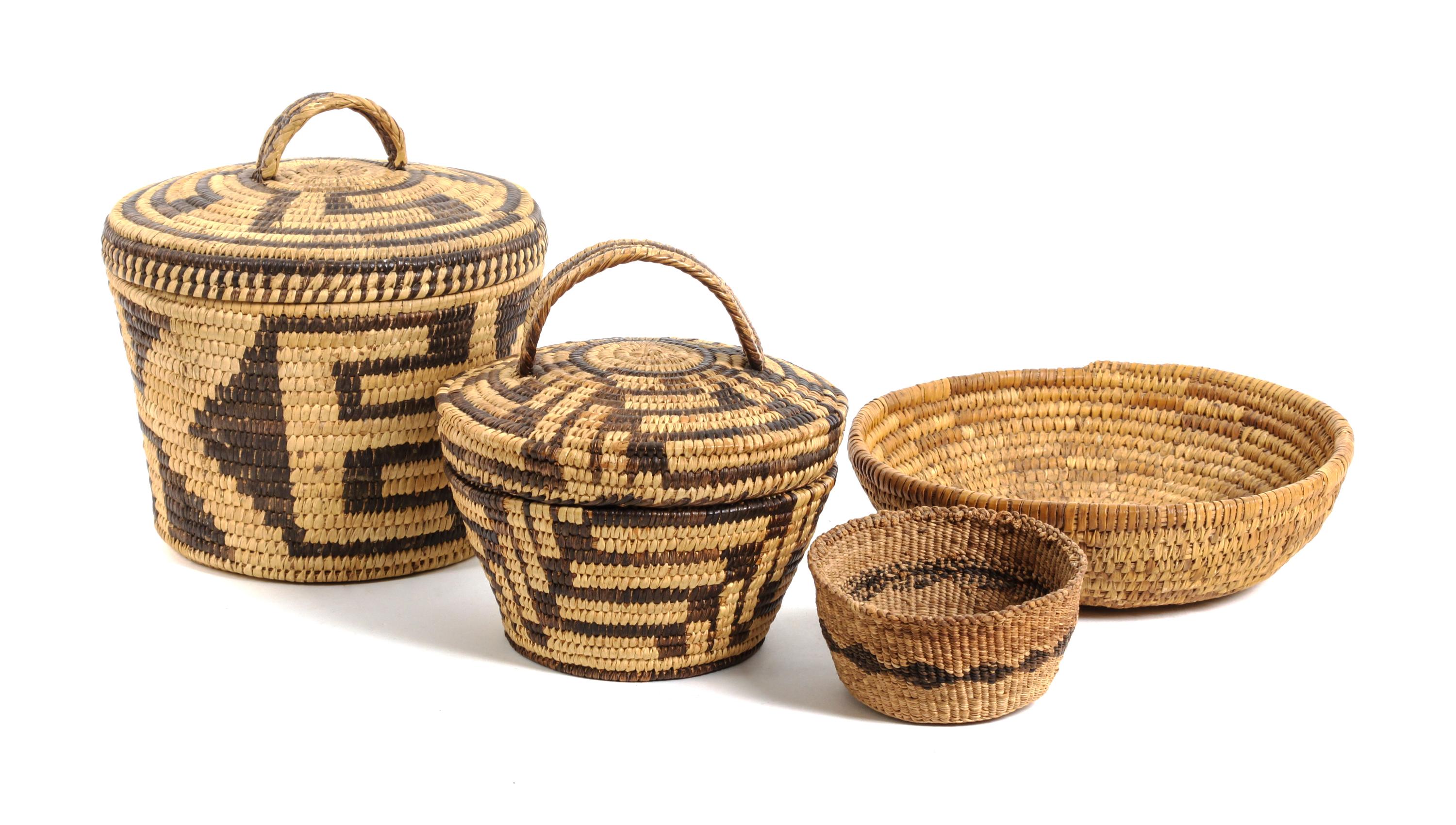 Two Lidded Papago (Tohono O'odham) Baskets Height of largest 8 inches.
