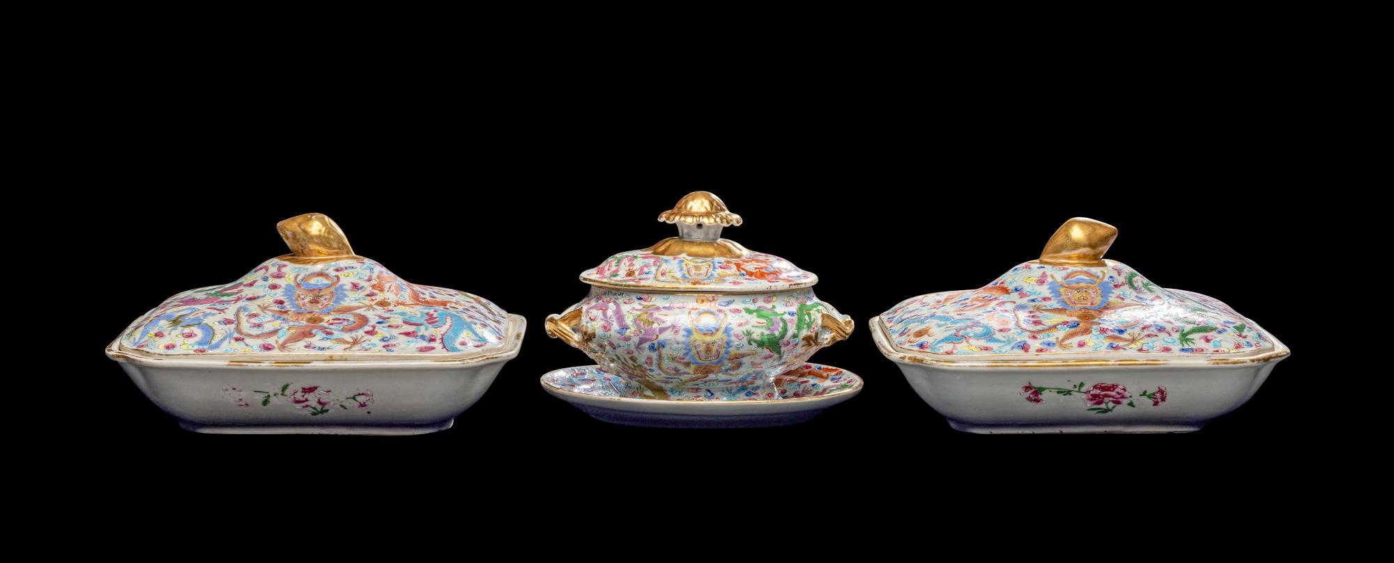 A Set of Three Chinese Famille Rose Porcelain Rectangular 'Dragons' Covered Tureens